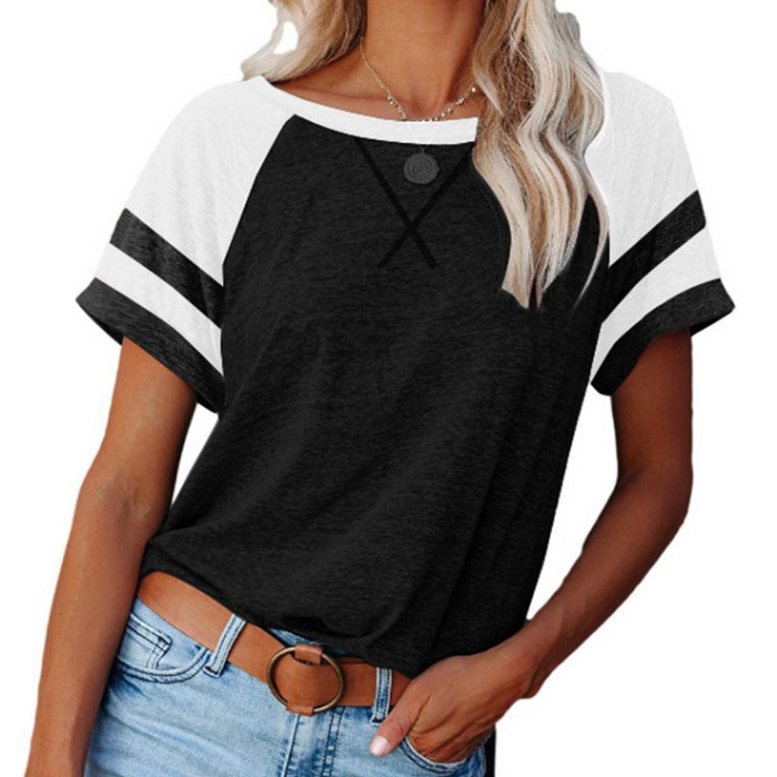 Striped Short Sleeved Stitching Loose Top Casual T-shirt
