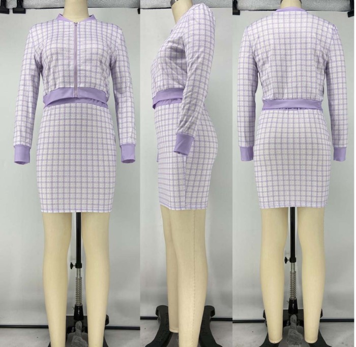 Plaid printed Long-sleeved Zipper Top and hip Skirt Two-piece Suit