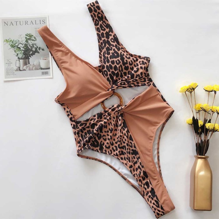 Women Swimwear One Piece Swimsuit Bodysuit Leopard Bather Beachwear