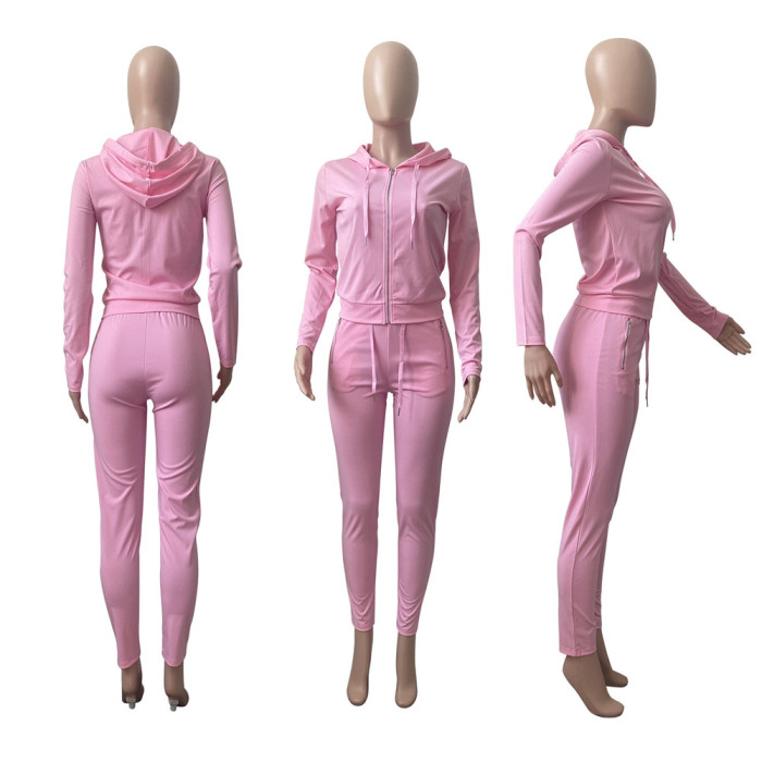 Hooded Long Sleeved Trousers Zipper Sports Two-piece Suit