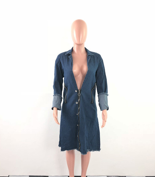 Zipped Up Long Denim Coat with Sleeves