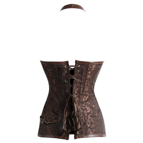 LE1042 14 Steel Boned Steampunk Leather Corset With Thong
