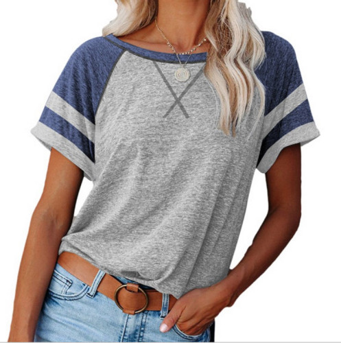 Striped Short Sleeved Stitching Loose Top Casual T-shirt
