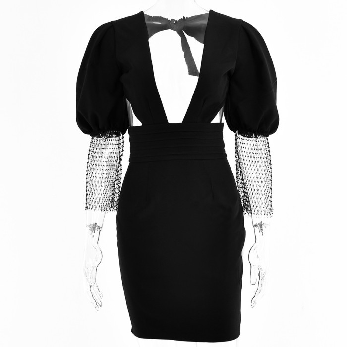 mesh sleeve sexy backless party club waisted dress