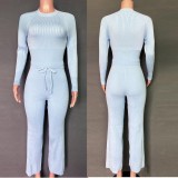 Winter Solid Plain Casual Ribbed Matching Top and Pants Set