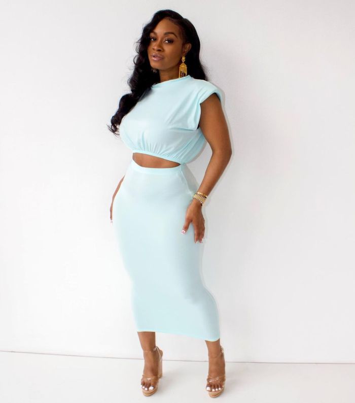 solid color crop top and long skirt set