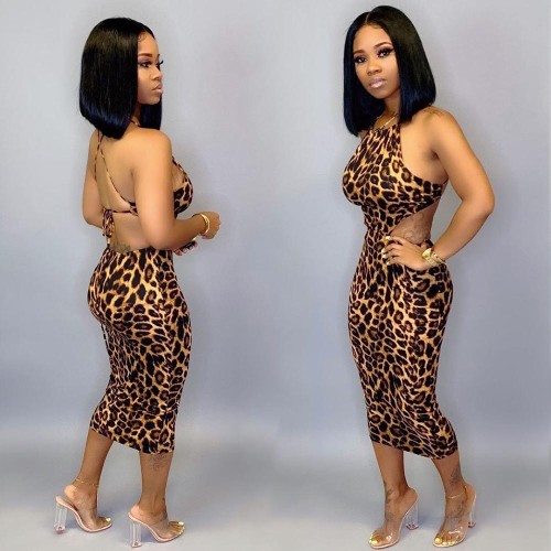 Cutout Sexy Sling Leopard Print Dress