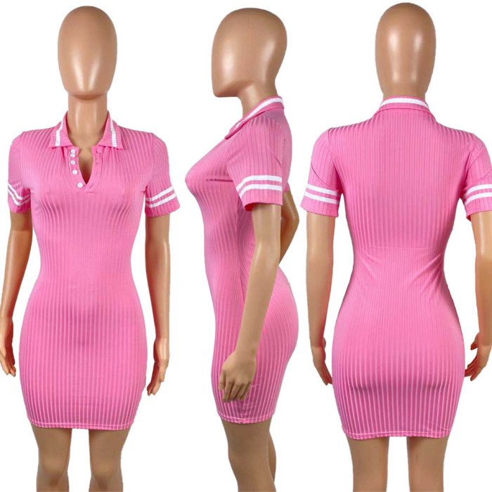 Summer Short Sleeve T-shirt Button Casual Rib Knit Bodycon Dress