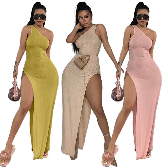 one shoulder split sexy bodycon midi dress