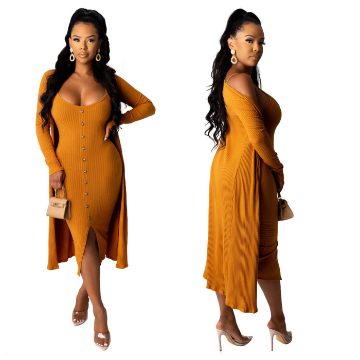 Cardigan strap midi dress set