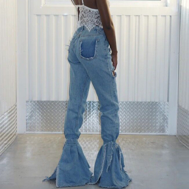 Trousers Straps Stitching Washed Denim Bell-bottoms