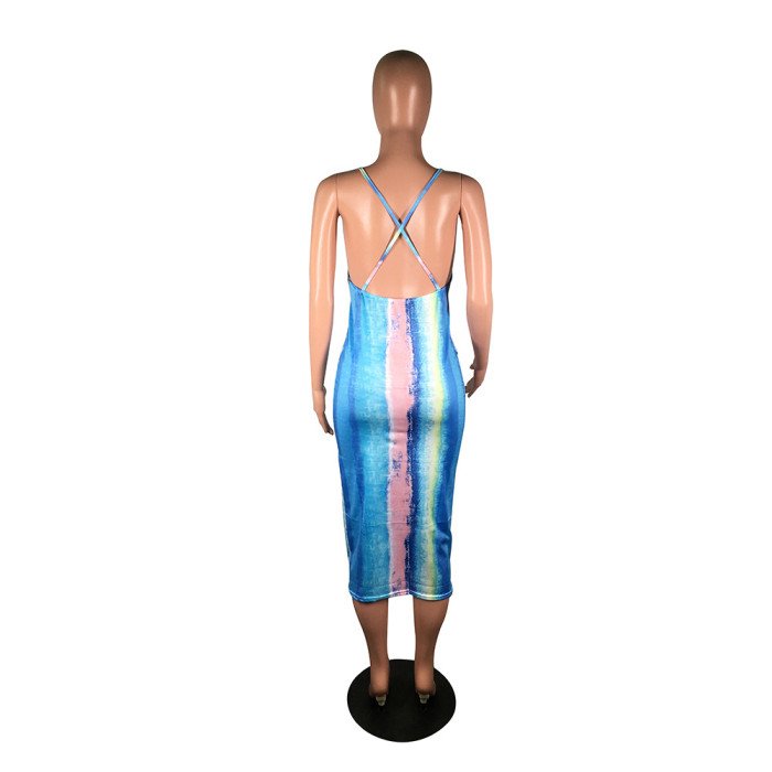 sleeveless summer backless tie dye maxi midi dress