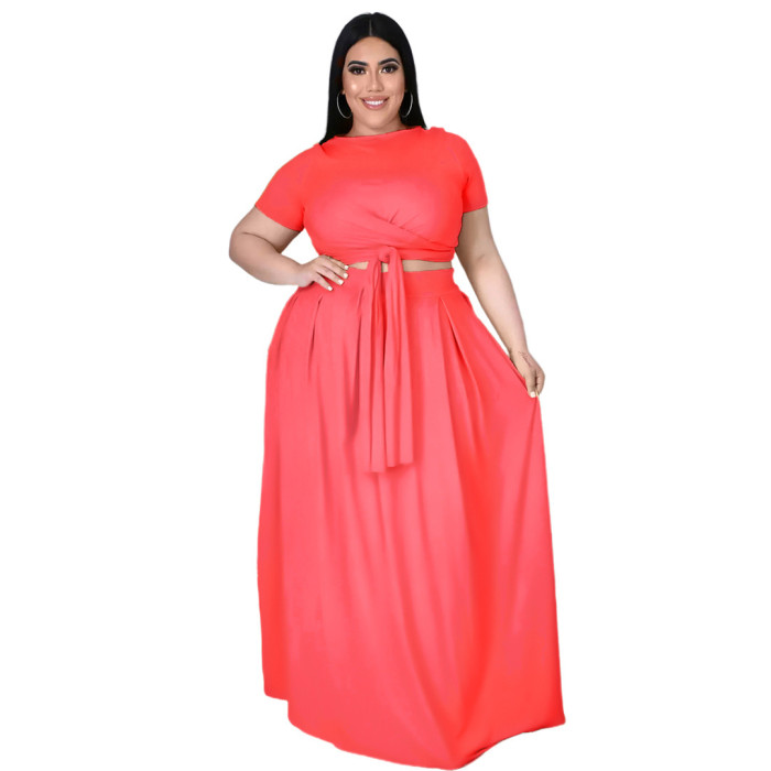 Plus Size Solid Color Cross-tie Skirt Two-piece suit