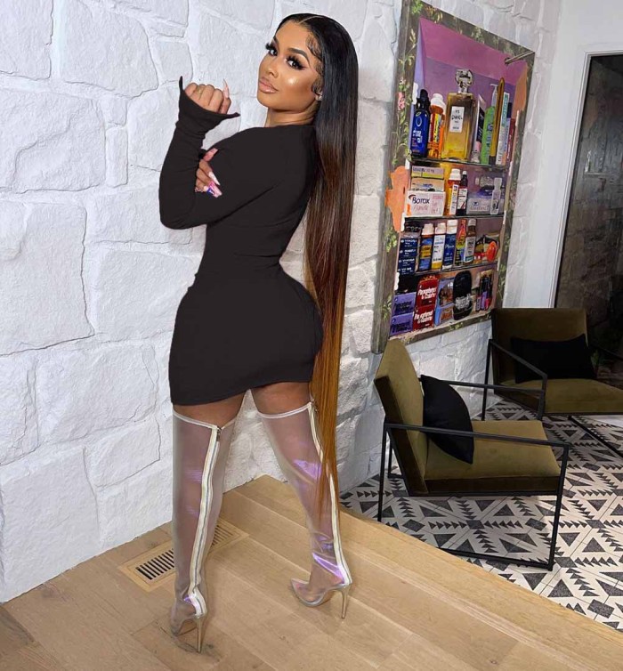 Party Sexy Long Sleeve Chains Lace Up Bodycon Dress