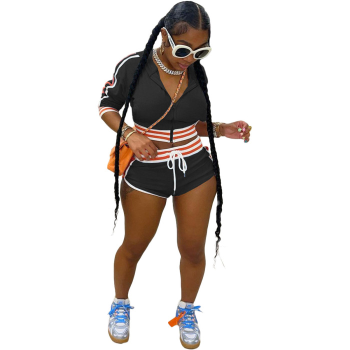 Stitching Striped Hooded Top Shorts Sports Suit