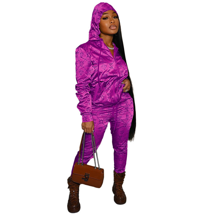 Casual Letter Satin Sports Suit with Hood