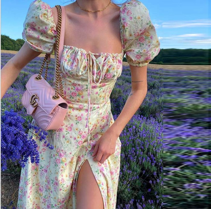 Fashion Puff Sleeve Floral Lace High Split Midi Dresses
