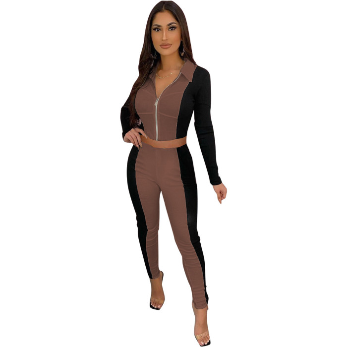 Rib Stitching Contrast Color Leisure Sports Two-piece Suit