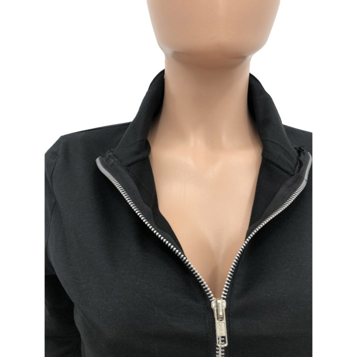 Solid Color Pleated Zipper Sleeve Sweatshirt Jumpsuit