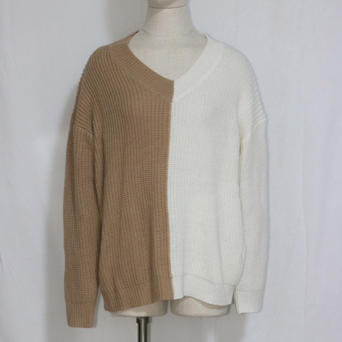 Autumn Stitching V-Neck Loose Knit Sweater