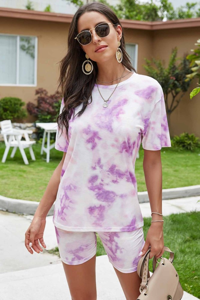 Tie-dyed Loose Casual T-shirt and Tght Shorts Two-piece Suit