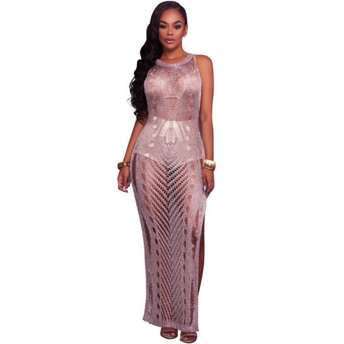 Crochet Knit sexy hollow beach Maxi dresses LE6479-1