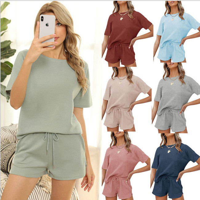 Solid Color Ribbed Short Sleeved Home Wear casual Two pieces Suit