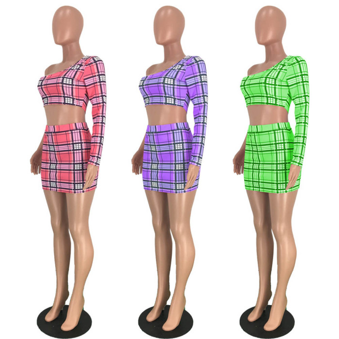 Plaid printed Unilateral Long Sleeved T-shirt Two Piece Skirt Set