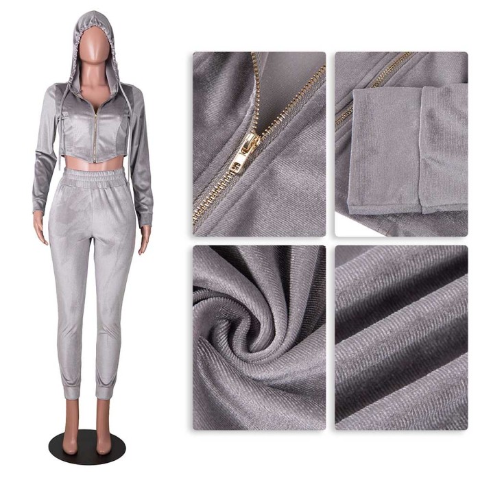 Women Velvet Solid Color Zipper Hooded Long Sleeve Two-piece Suit