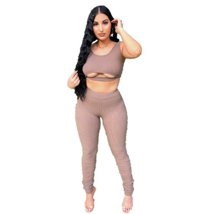 rib knit sexy tank top and pant 2 piece clothes