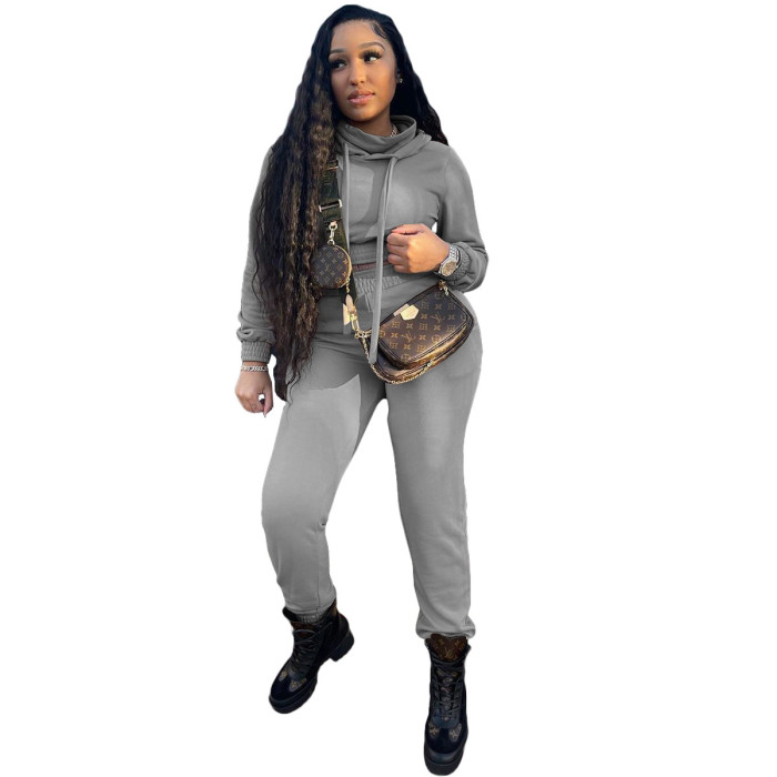 Pile Collar Hooded Casual Sports Two-piece Suit