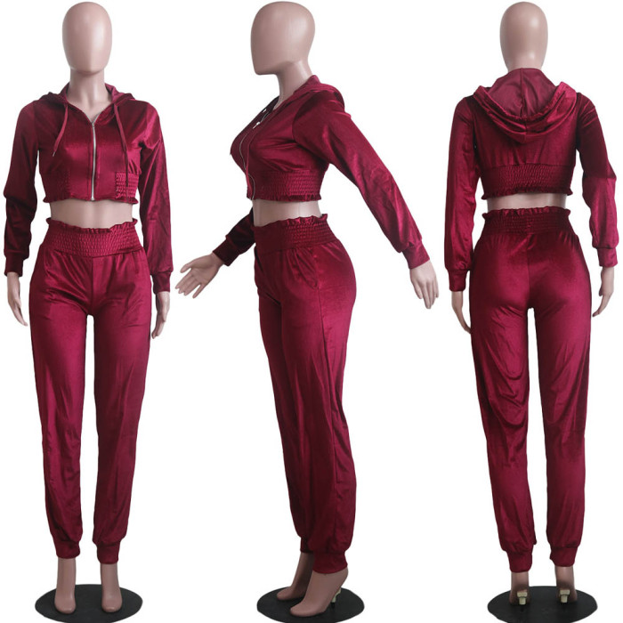 Velvet Solid Color Long Sleeved Hooded Casual Sports Suit