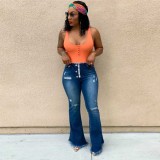 Washed Buttons Decorated Bell Bottom Denim Pants