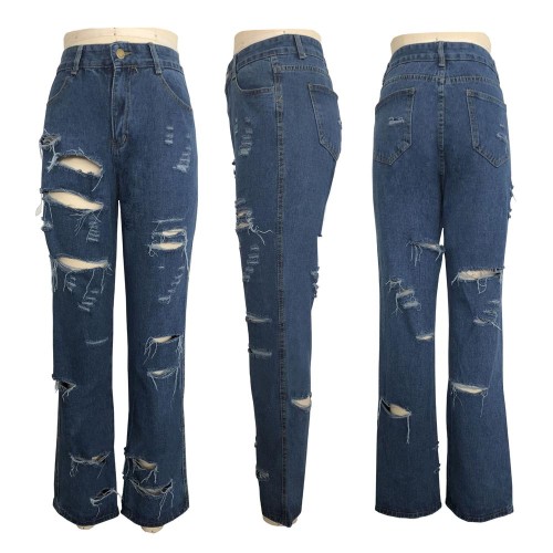 Women's Ripped Straight Jeans Trousers