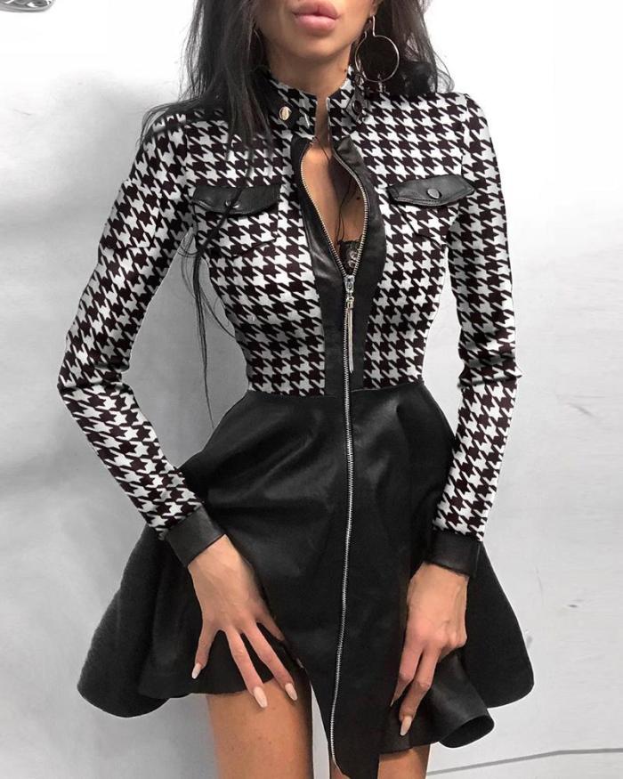 4XL Lace Sleeve Patchwork Pu Leather Sexy Zipper Dress