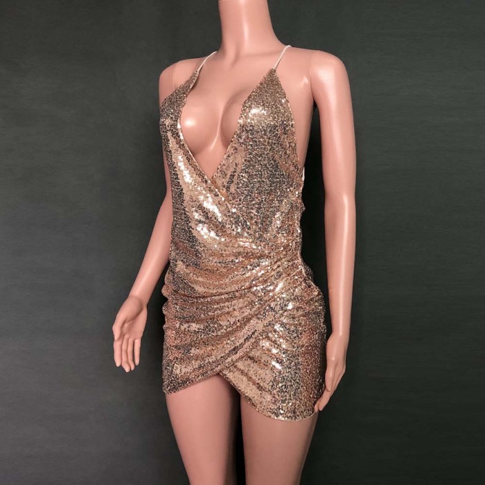 Sequins Deep-V Straps Wrap Party Dress