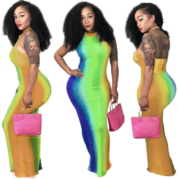 Low Back Colorful Print Halter Maxi Dress