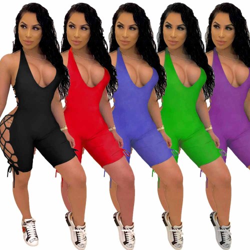 Sling V neck Solid Color Hollow Strappy Romper