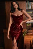 Pure Color Halter Pleated Pile Neck Party Midi Dress