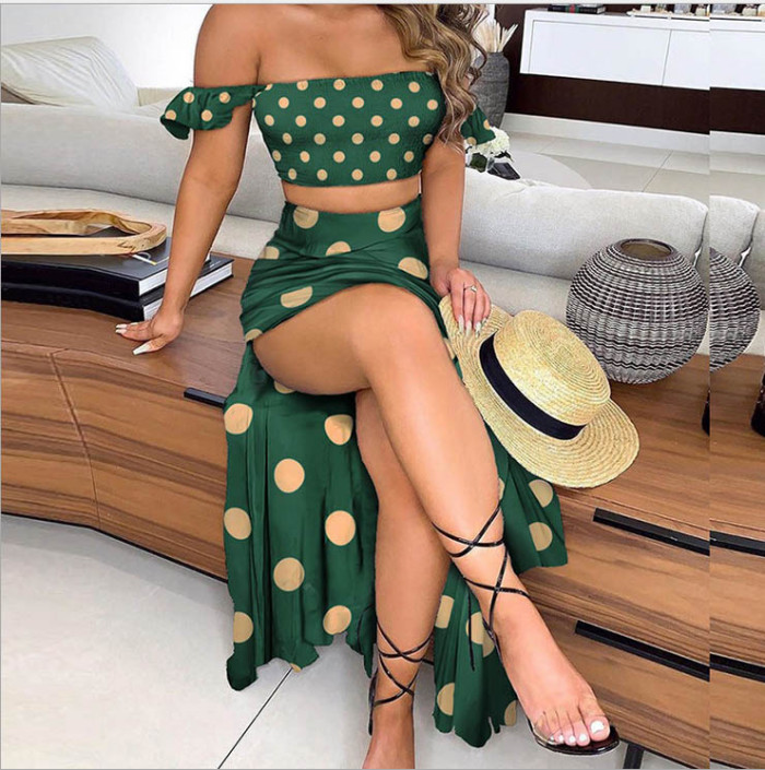 Summer Print  Ruched Crop Top and Slit Long Skirt 2PC Matching Set