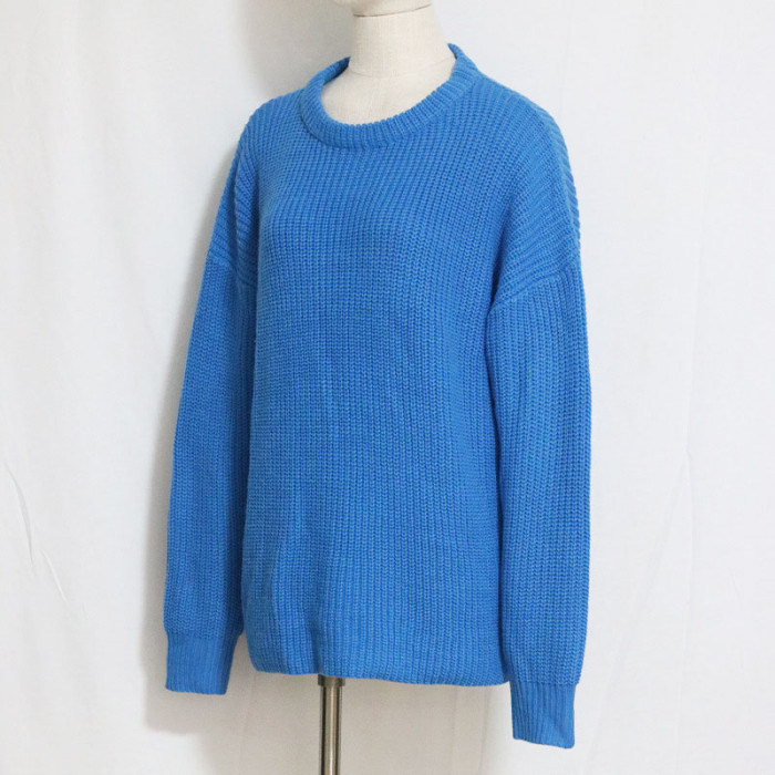 Pure Color Casual Loose Long Sleeve Round Neck Knitted Sweater