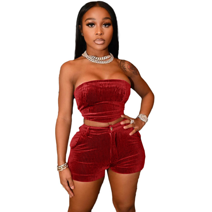 Two-piece Solid Color Wrapped Chest Shorts Suit