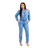 Blue Denim Fabric Long Sleeve Casual Jersey Jumpsuit