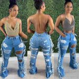 Elasticity Ripped Washed Fringed Jeans