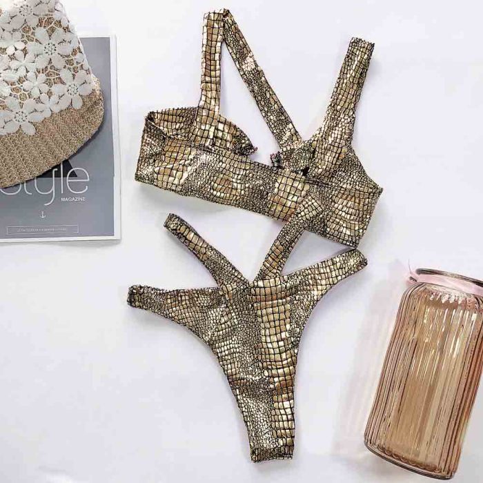 Metallic Crocodile Ring Linked High Cut Bikini Swimsuit