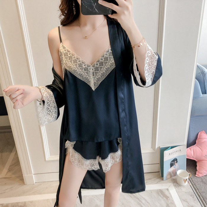 Three-piece Sexy Sling Silk Lingerie Pajamas Home Wear