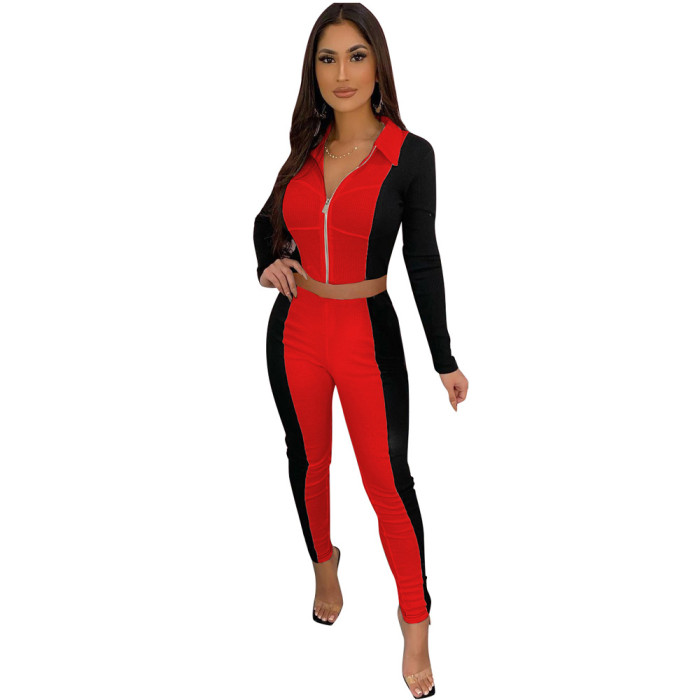 Rib Stitching Contrast Color Leisure Sports Two-piece Suit