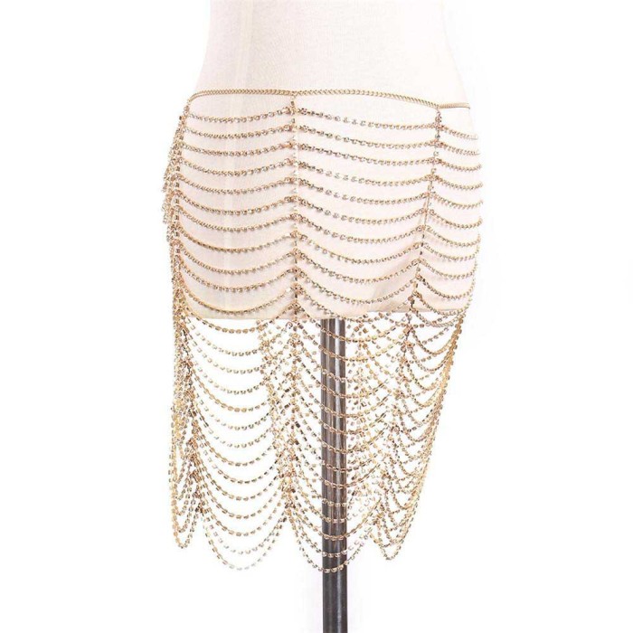 Super Flash Tassel Strap Bra Body Chain Skirt Set