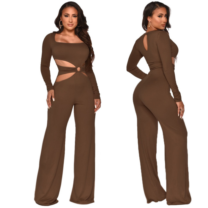 Fall Sexy Blue Hollow Out Long Sleeve Jumpsuit