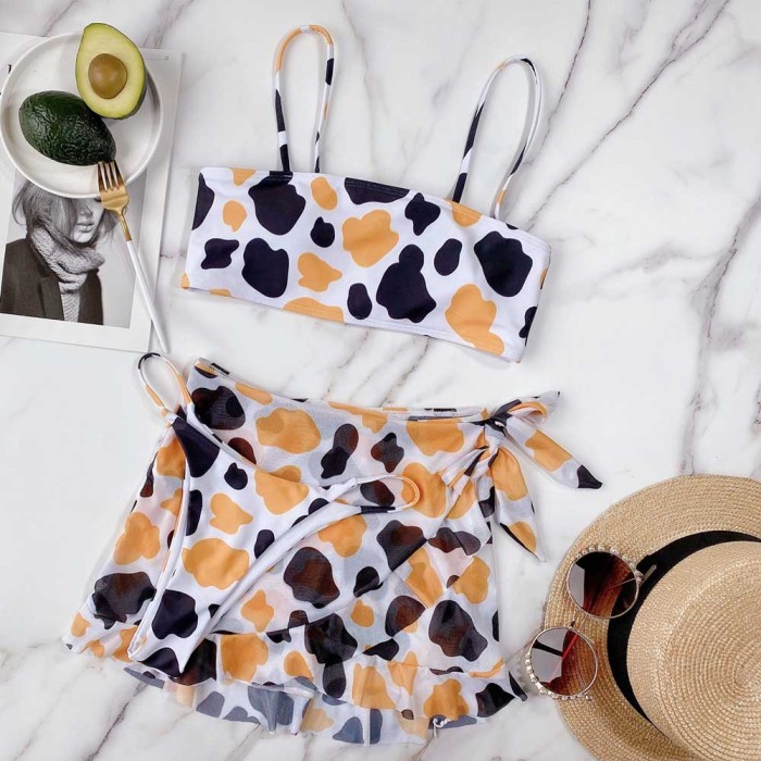 Sexy 3PC Cow Print Swimwear with Cover-Up